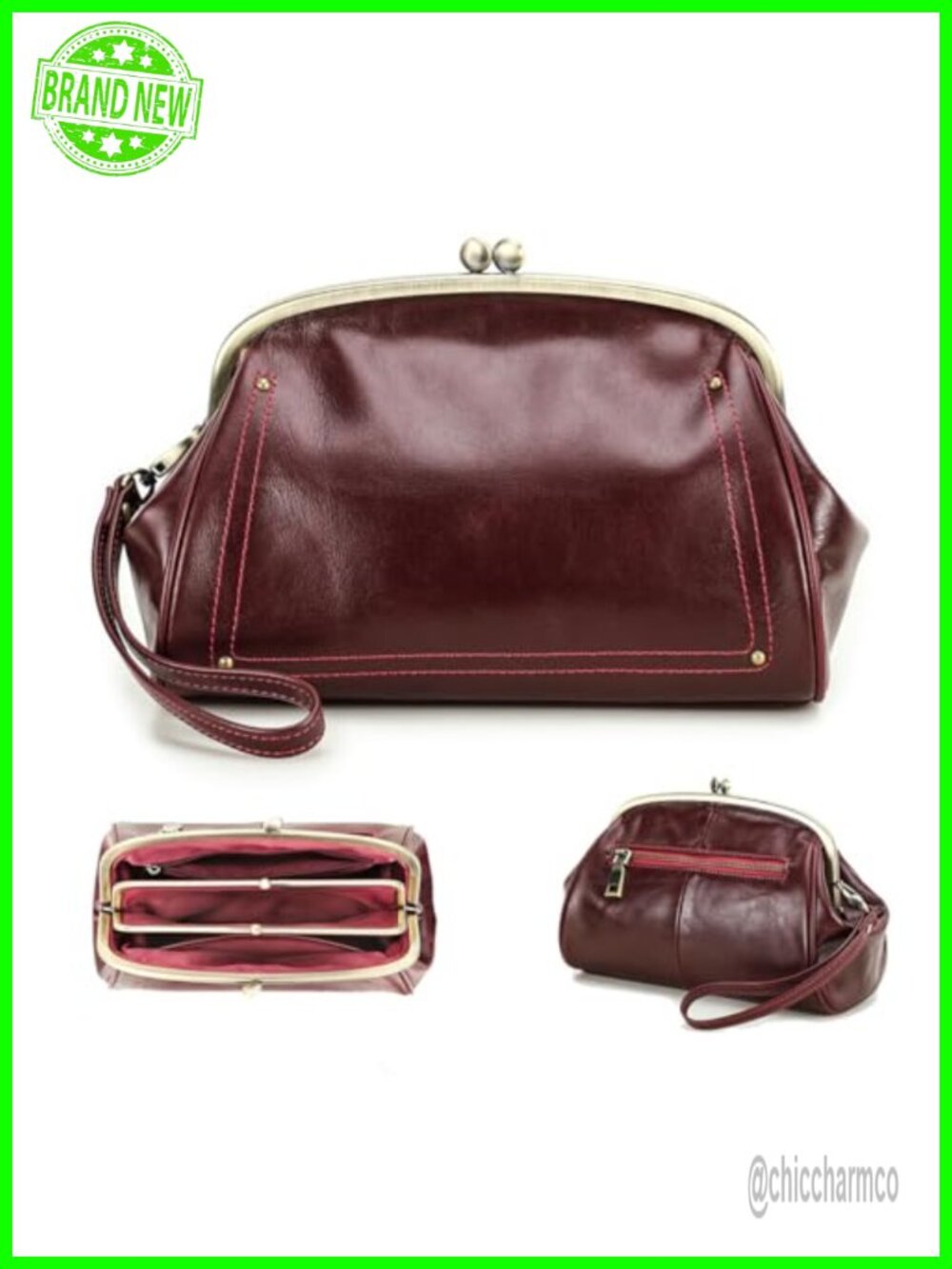 Full Grain Leather Kiss Lock Clutch Purse Evening Bag